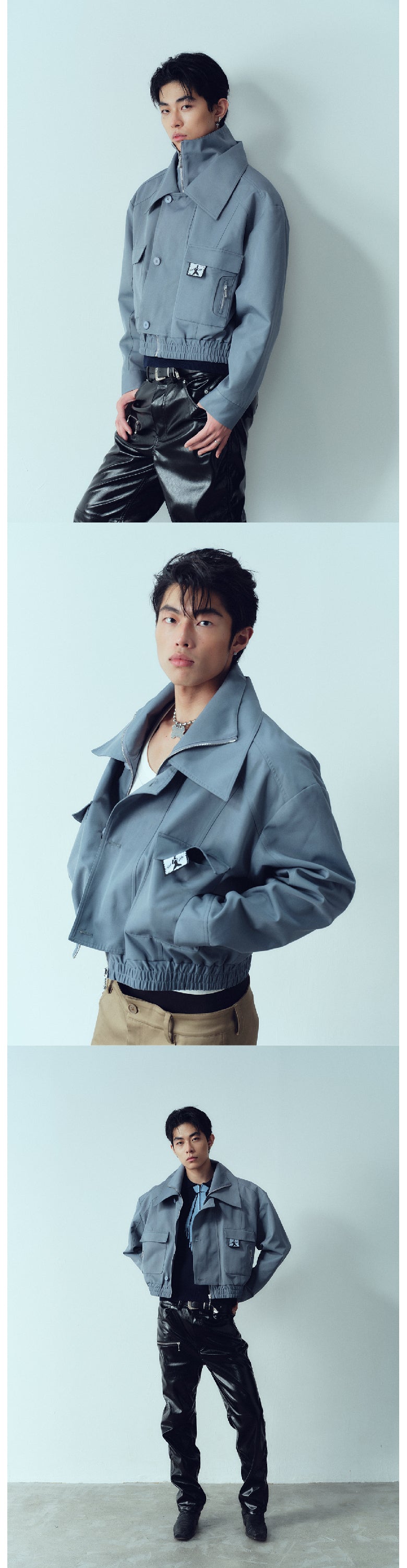 Double layered stand collar workwear short jacket