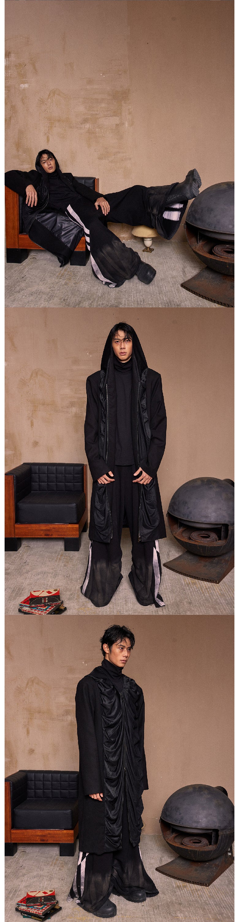 Wrinkled hooded extended windbreaker