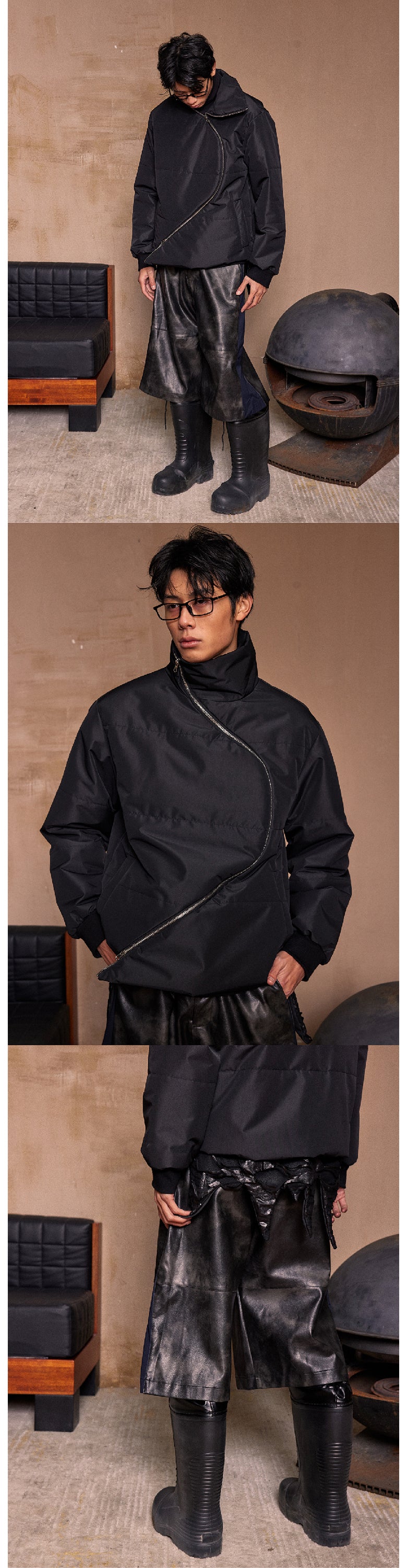 Black S-shaped zipper cotton jacket