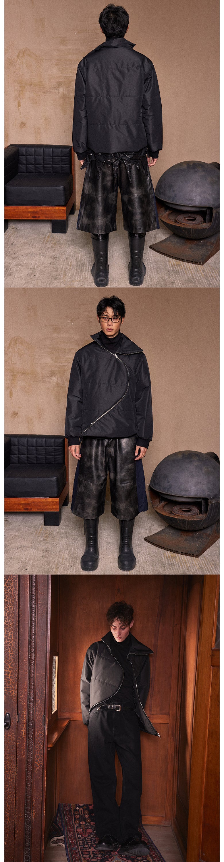 Black S-shaped zipper cotton jacket