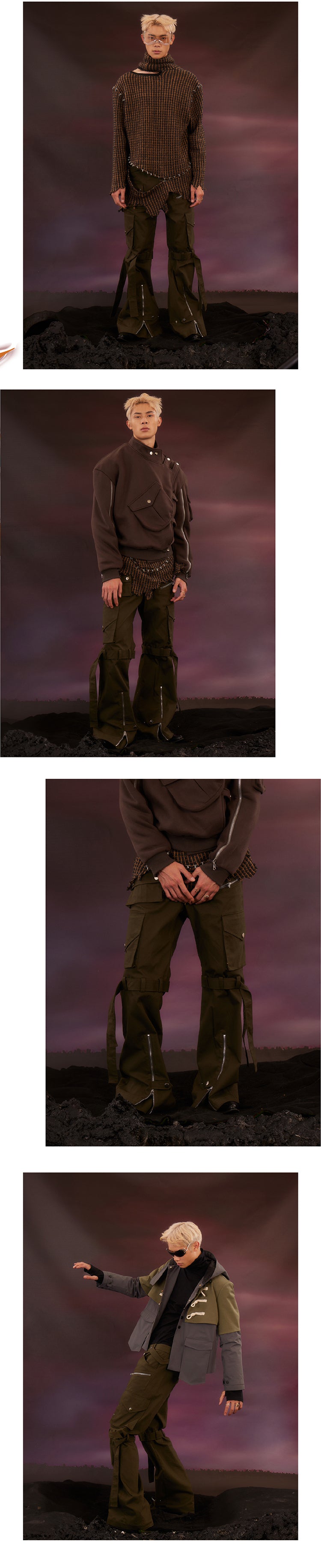 Military green zip pants with zip ties