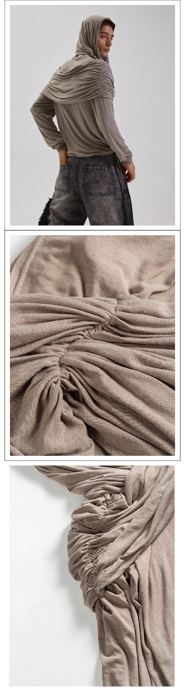 Two tone pleated hooded top