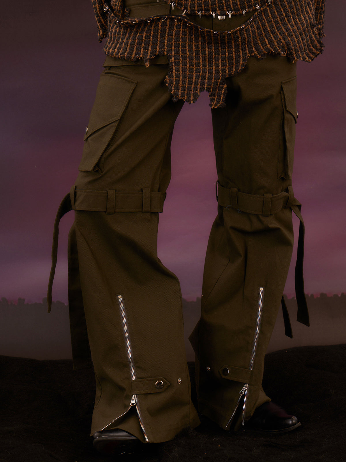 Military green zip pants with zip ties