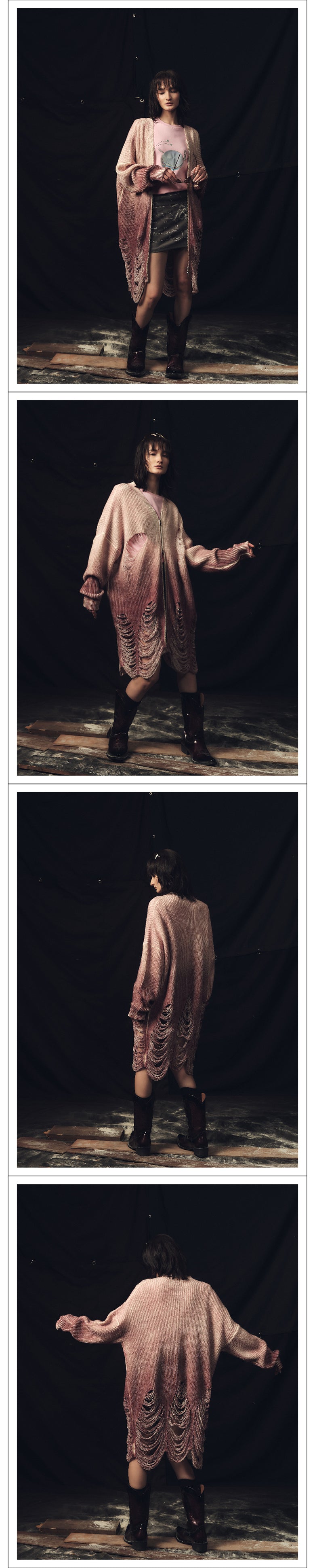 Gradient two-color ripped sweater