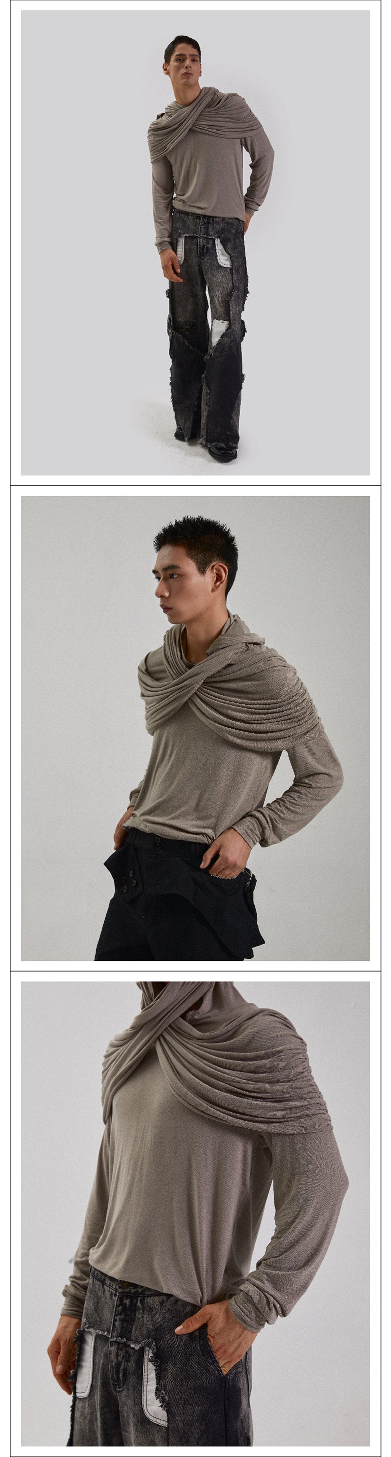 Two tone pleated hooded top