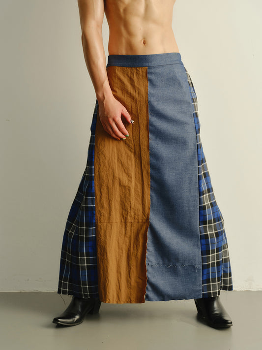 Grid splicing fringed long skirt