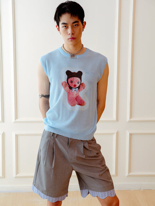 Blue teddy bear printed sleeveless vest