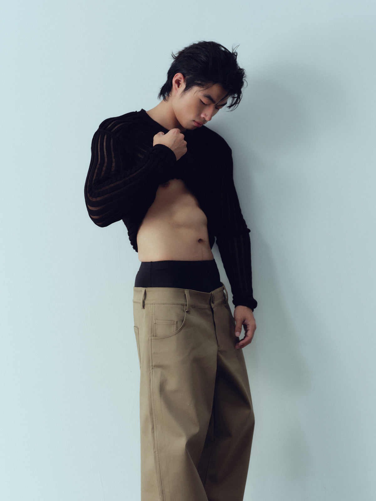 Black diagonal perspective slim fit sweater
