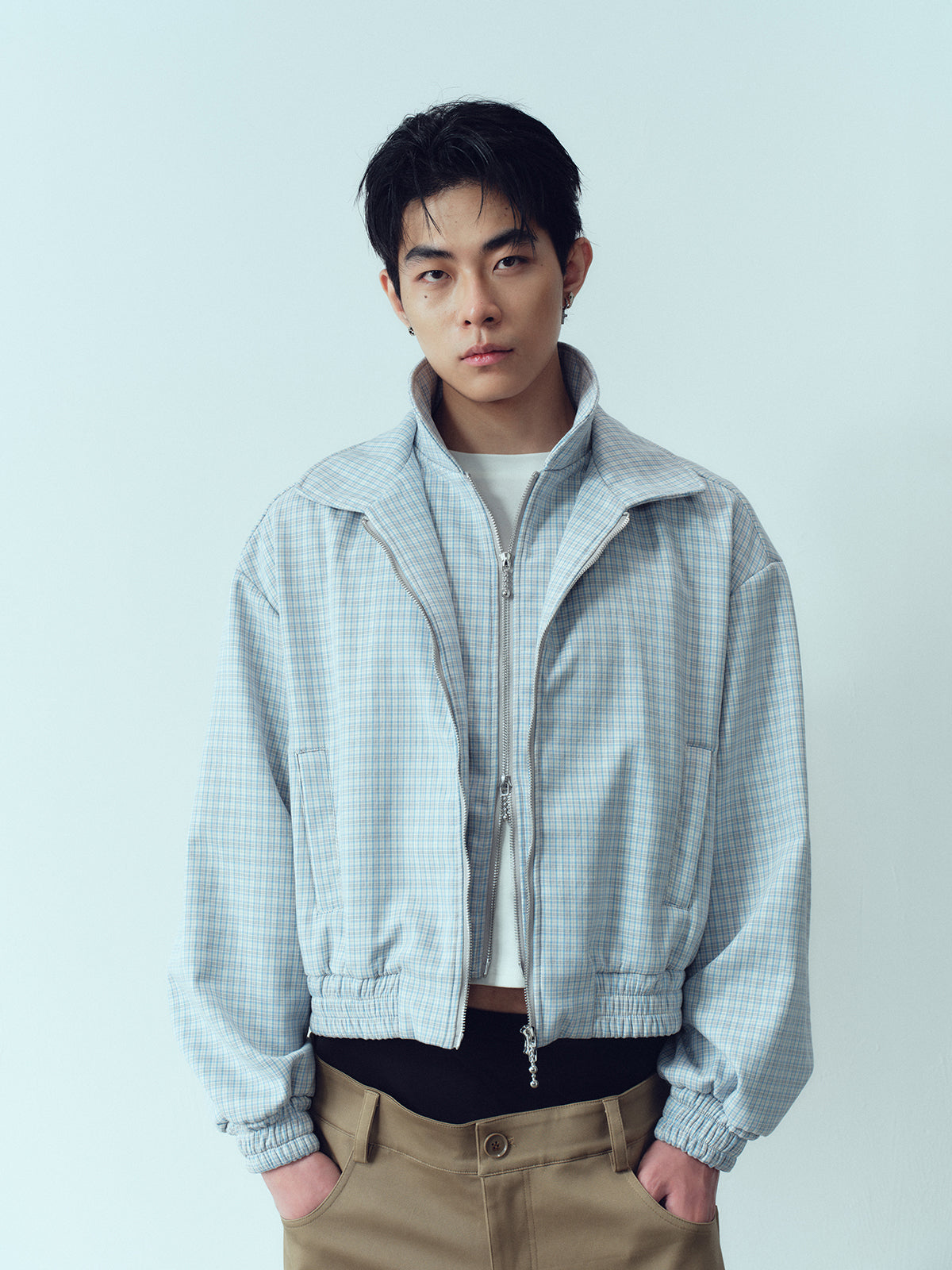 Checkered double-layer collar short jacket