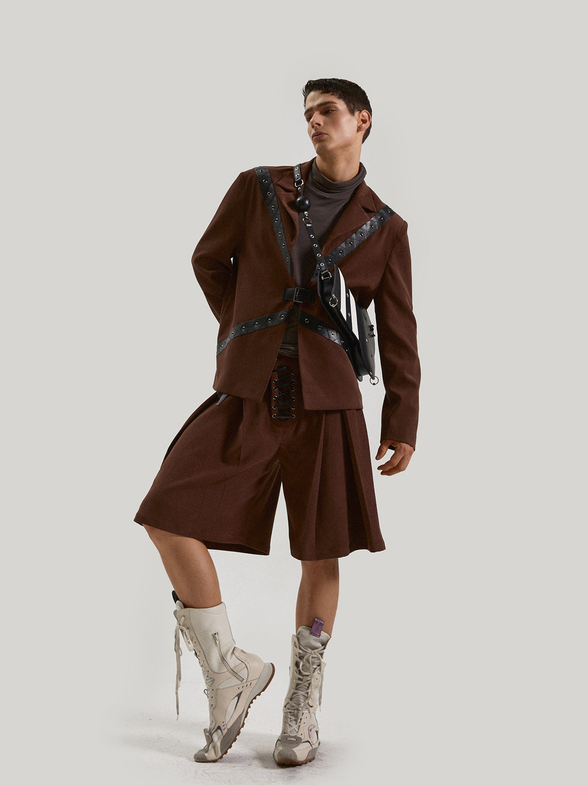 Belt decoration drawstring brown suit set