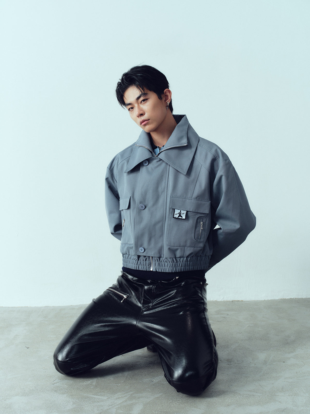 Double layered stand collar workwear short jacket