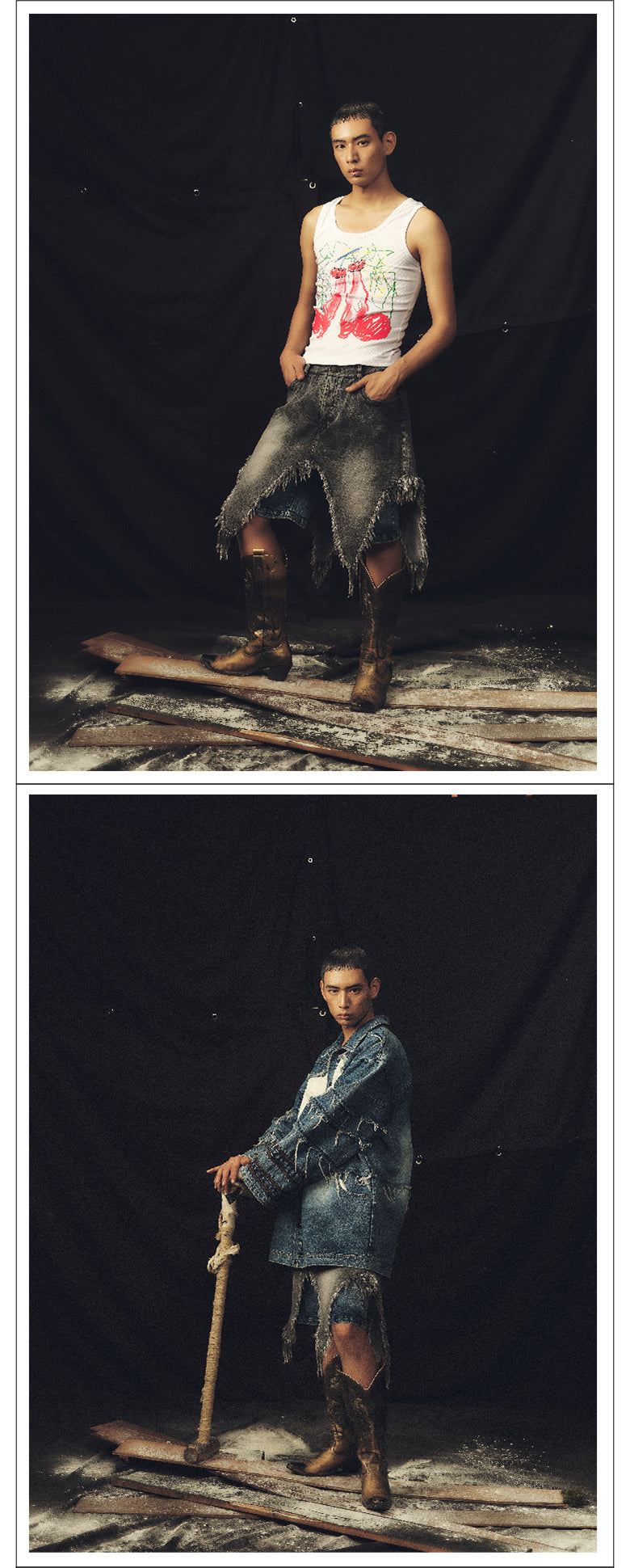 Double layered ruffled washed denim shorts