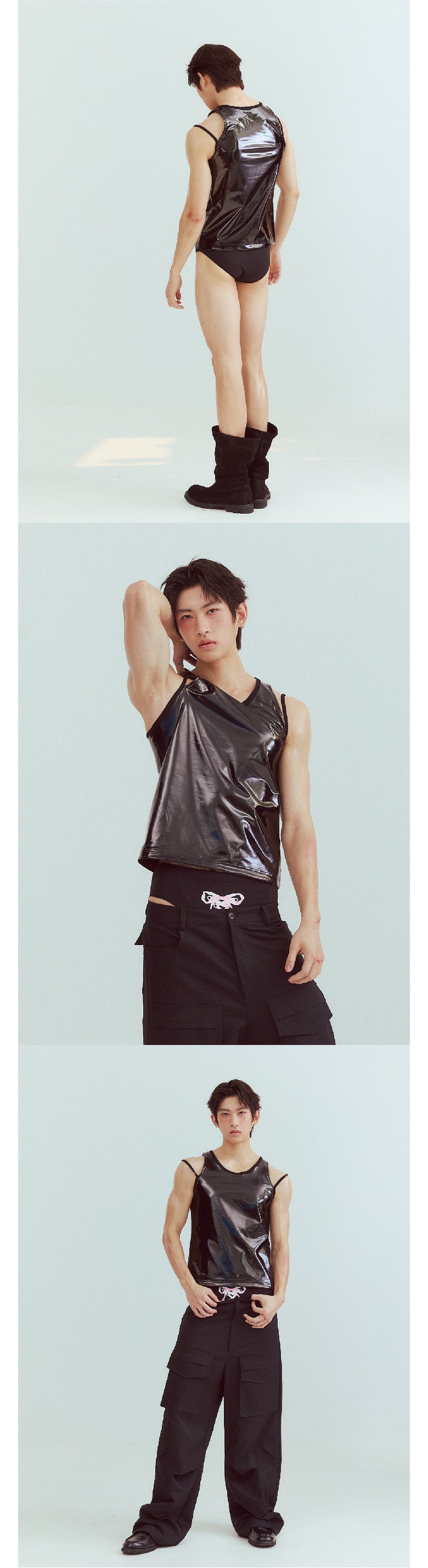 Black swim trunks with bow tie straps