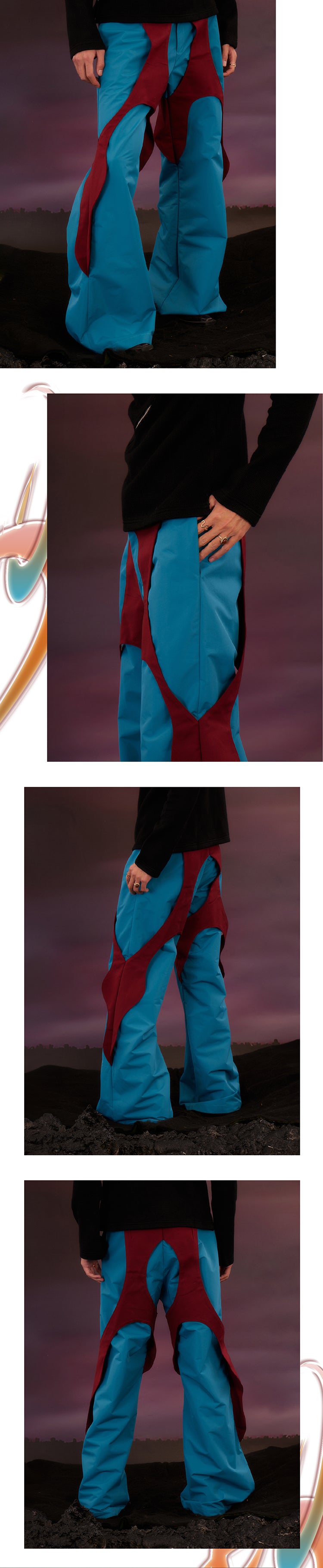 Blue and red patchwork petal pants