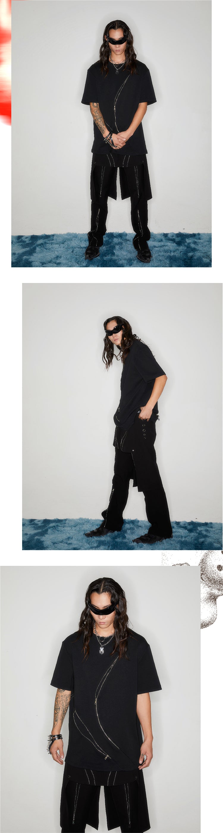 Black curved zipper short sleeved T-shirt