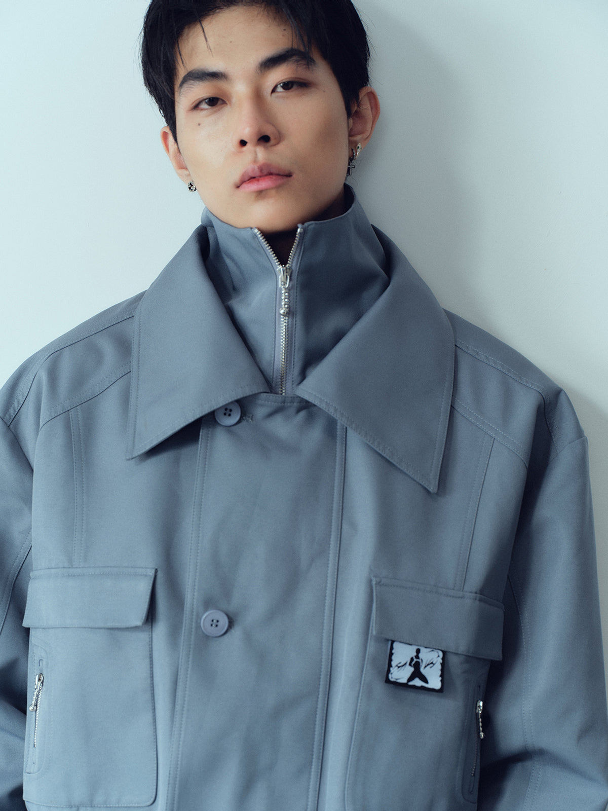 Double layered stand collar workwear short jacket