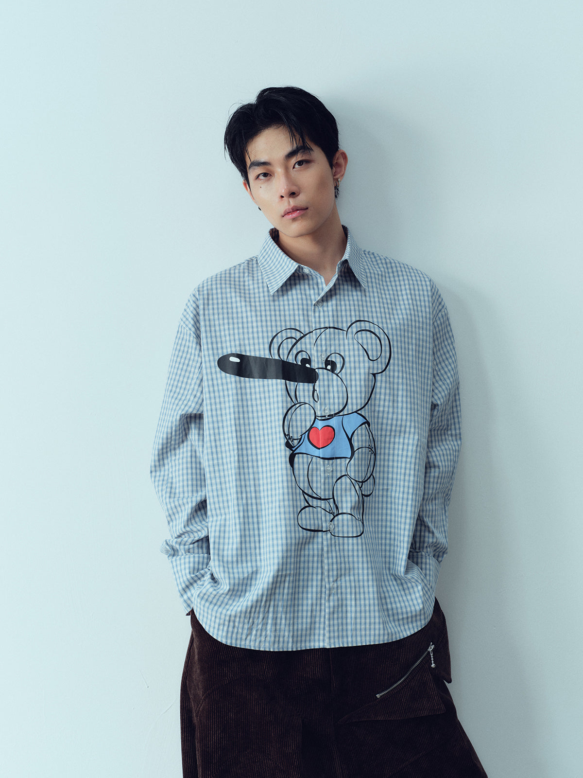 Pinocchio Bear Printed Checkered Shirt