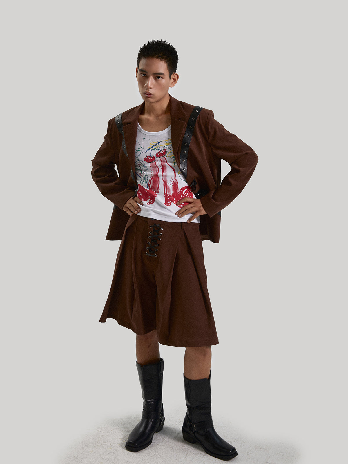 Belt decoration drawstring brown suit set