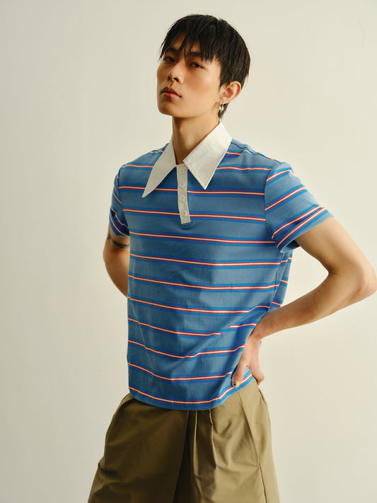 Striped askew collar polo shirt