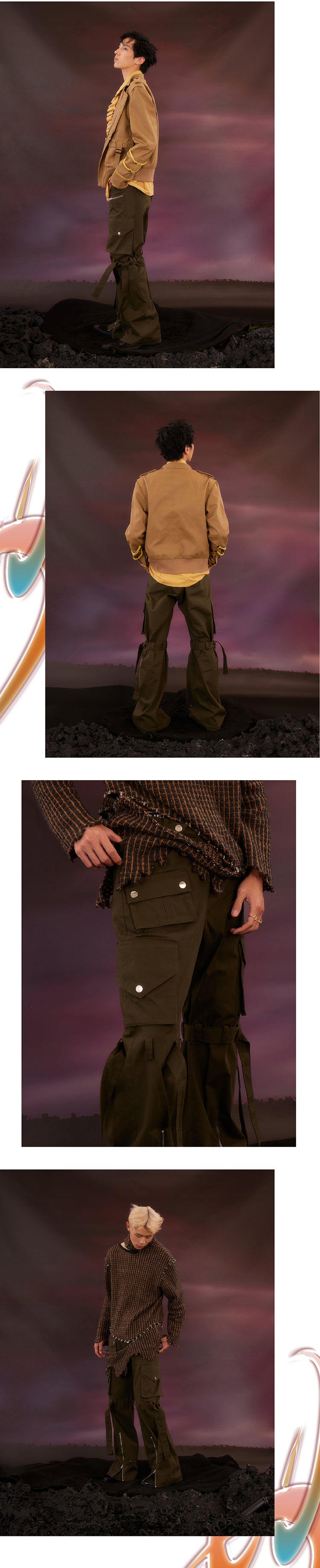 Military green zip pants with zip ties