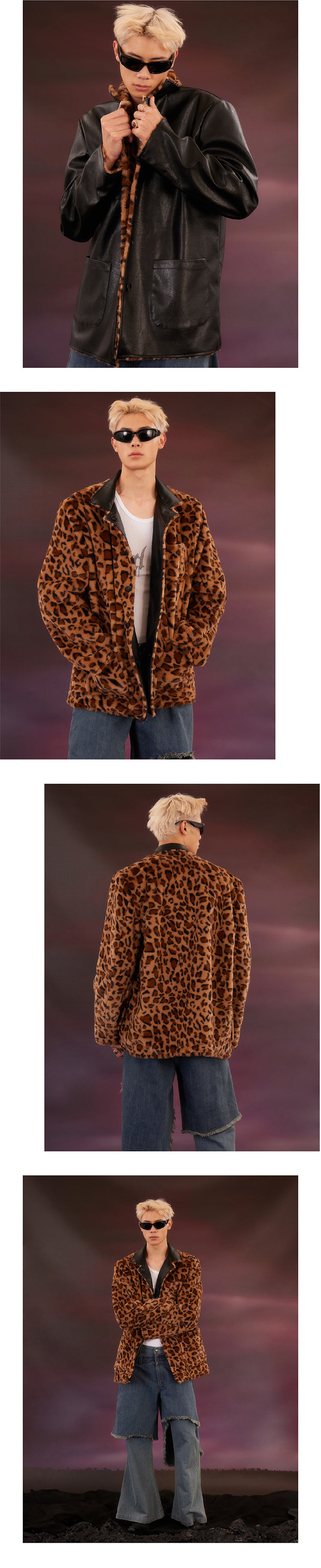 Leopard print reversible black leather jacket