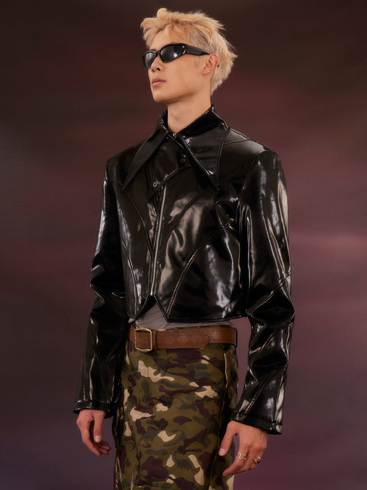 Black patent leather short leather jacket