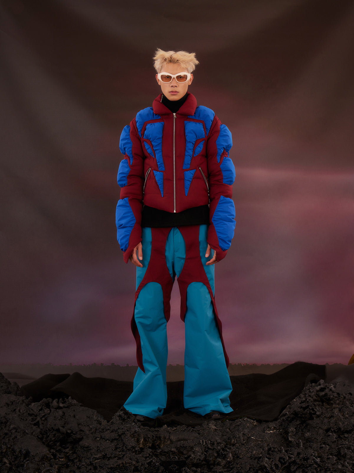 Blue and red patchwork petal pants