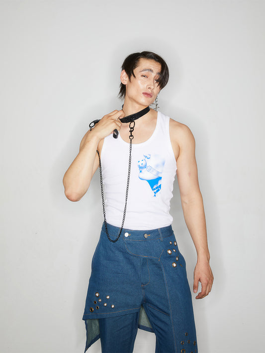 Mouth ball printed white vest