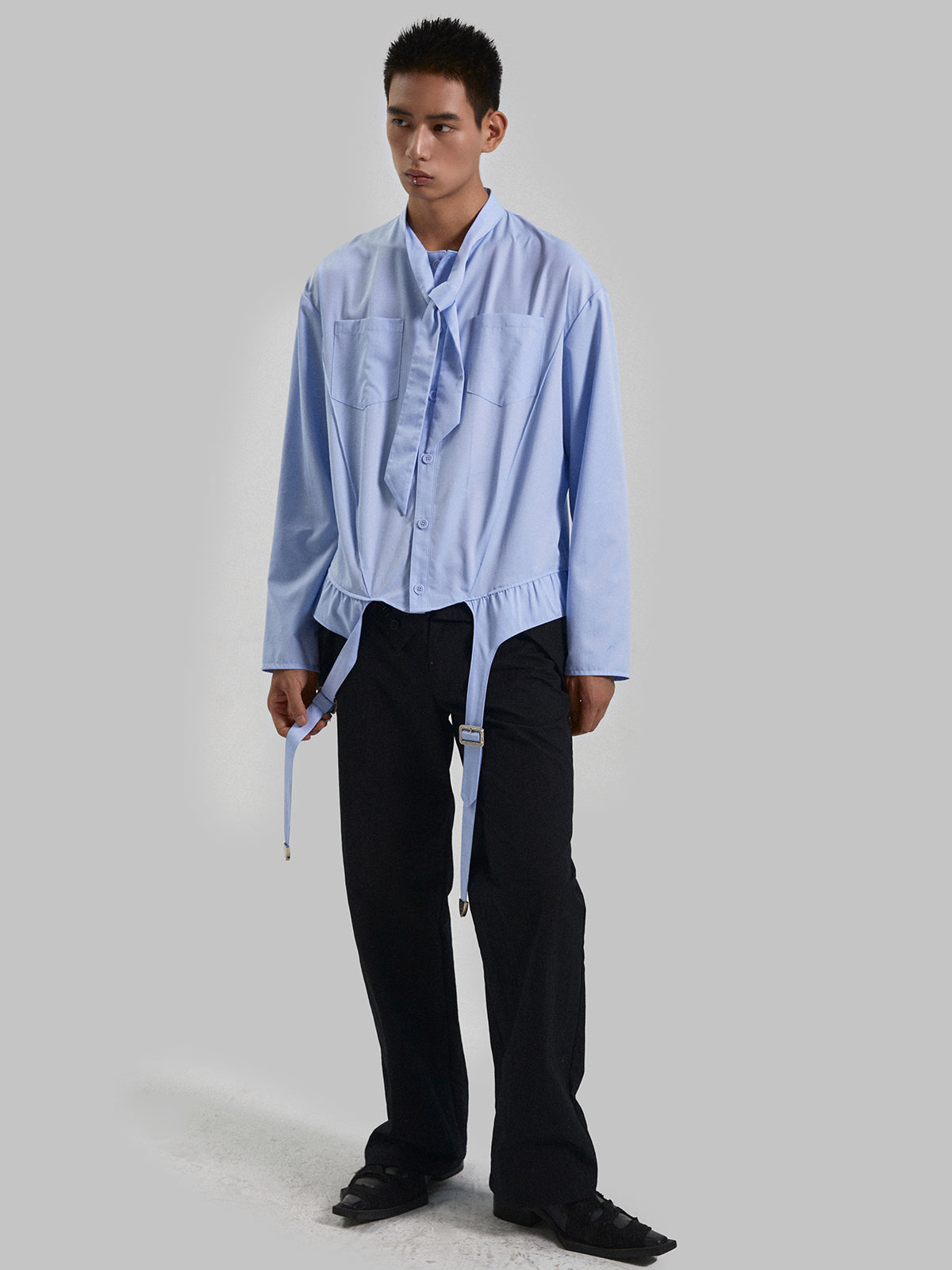 Blue suspender socks design bow tie shirt