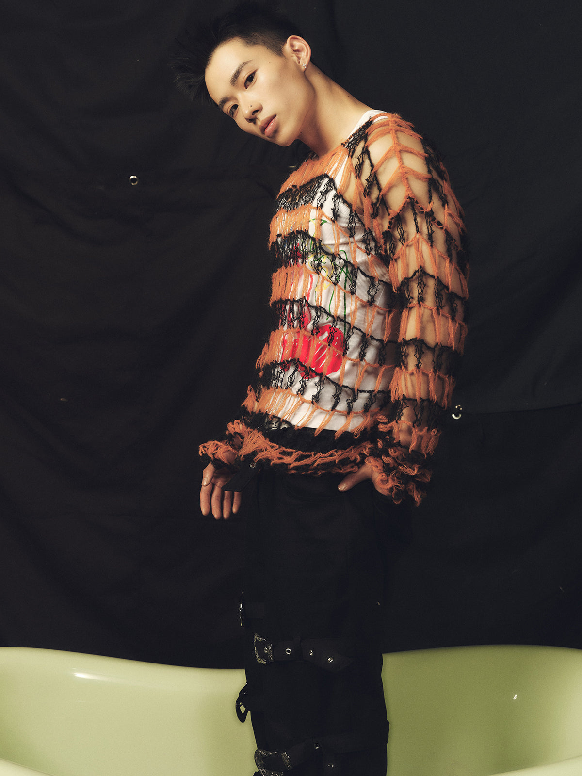 Large hollow out two tone sweater