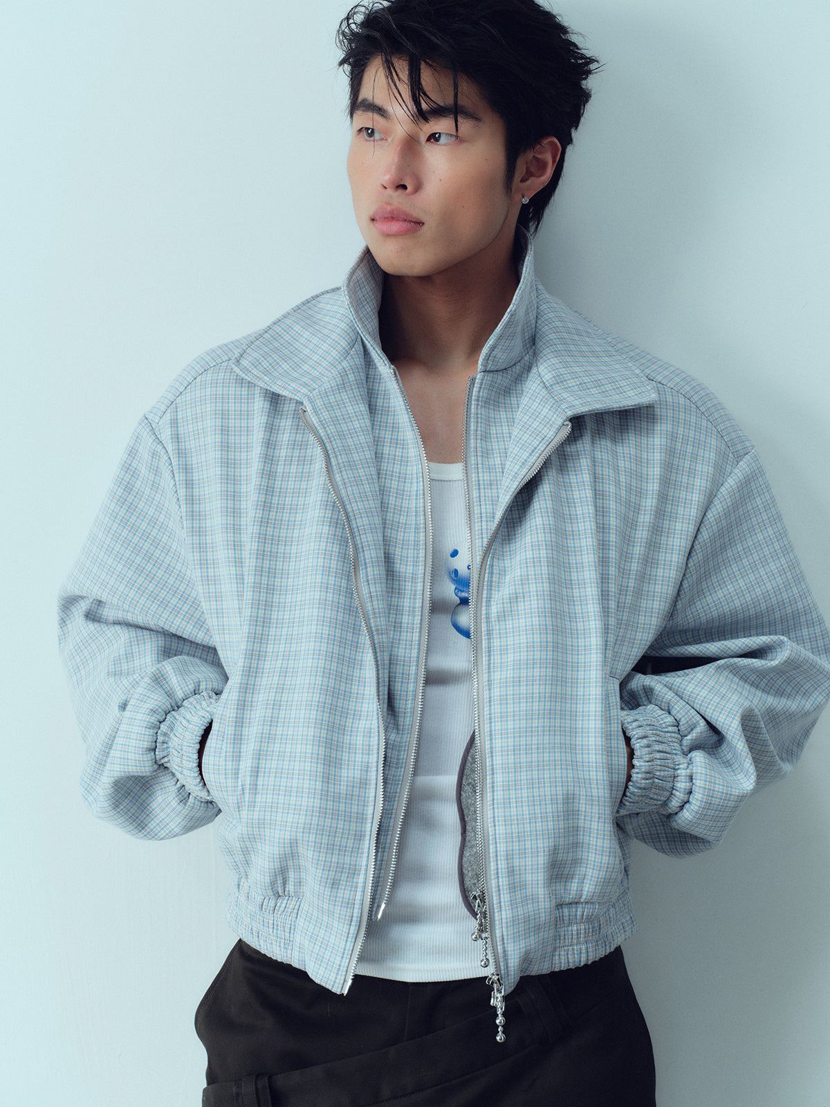 Checkered double-layer collar short jacket