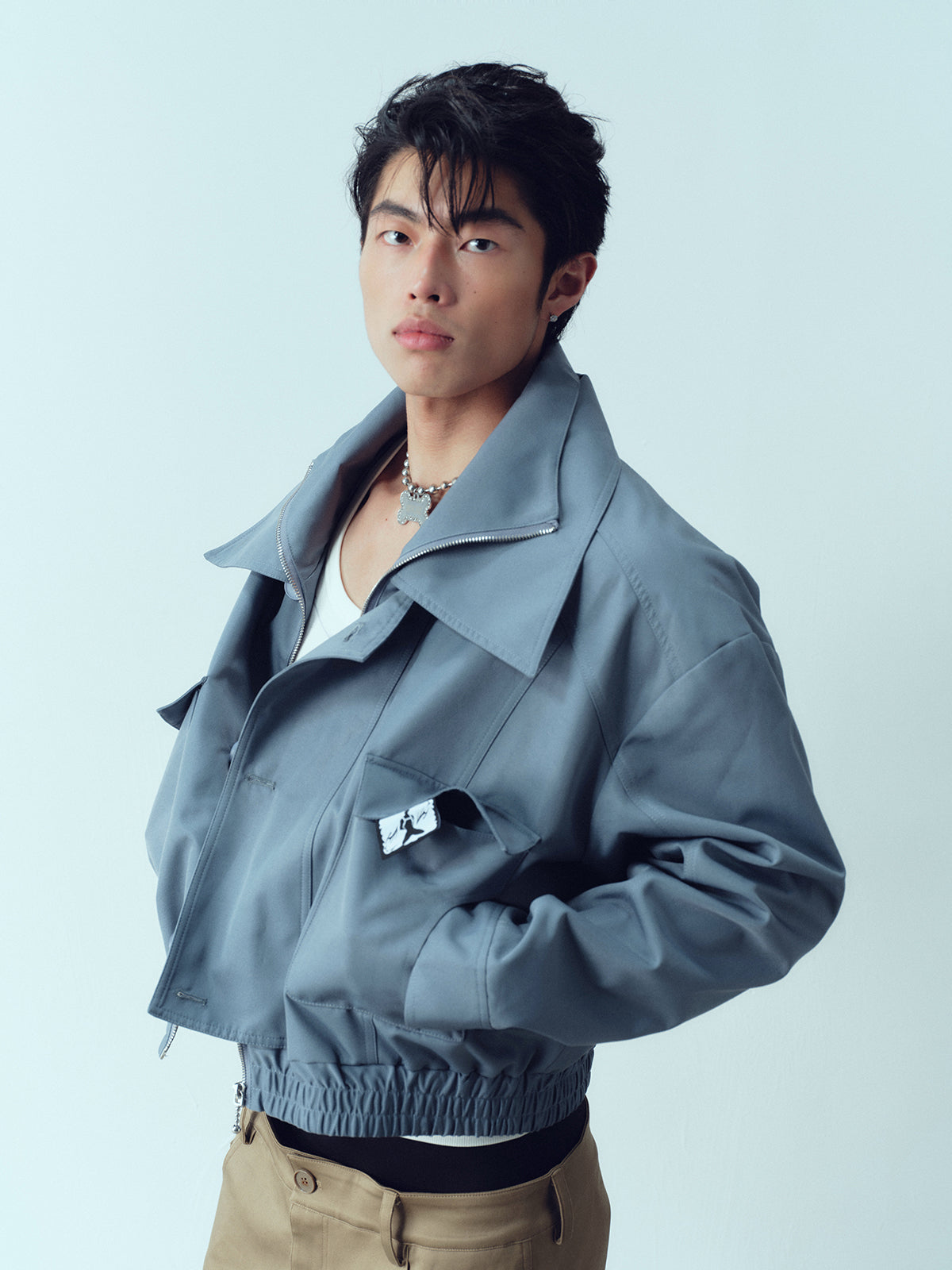 Double layered stand collar workwear short jacket