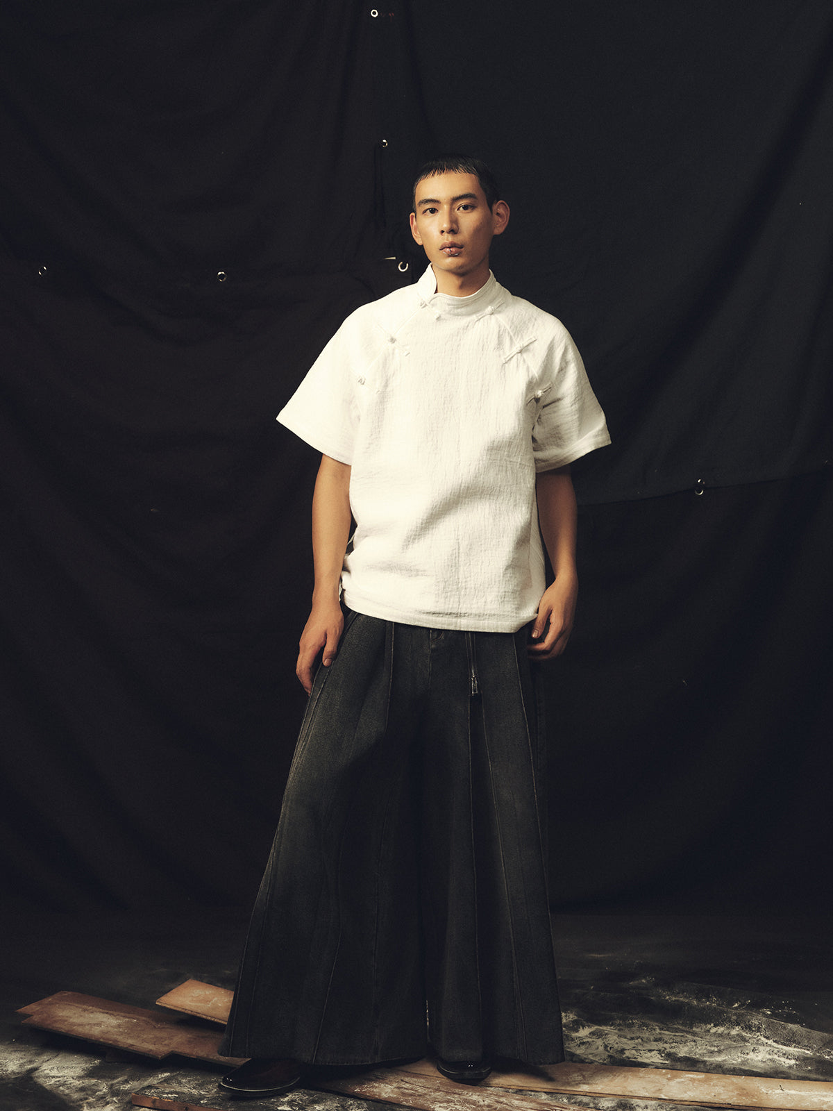 Multi zipper washed wide leg pants