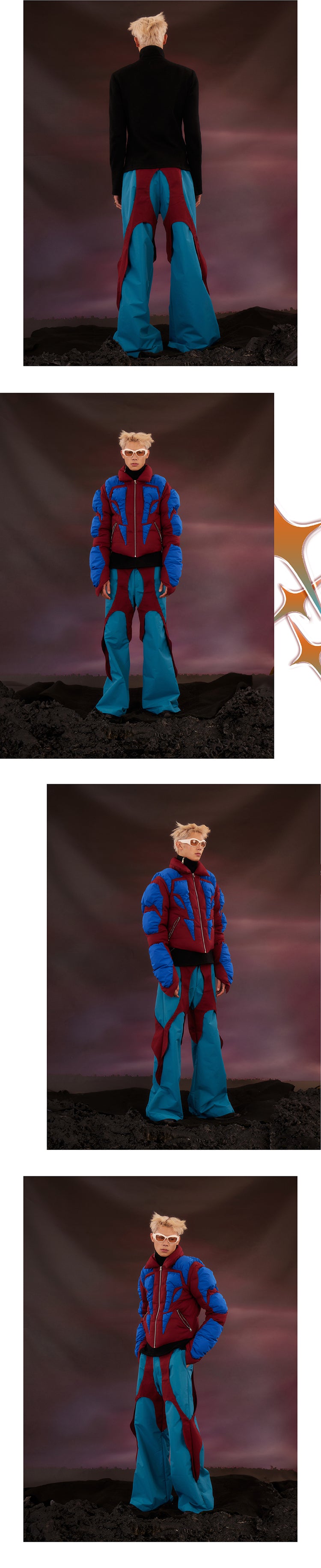 Blue and red patchwork petal pants