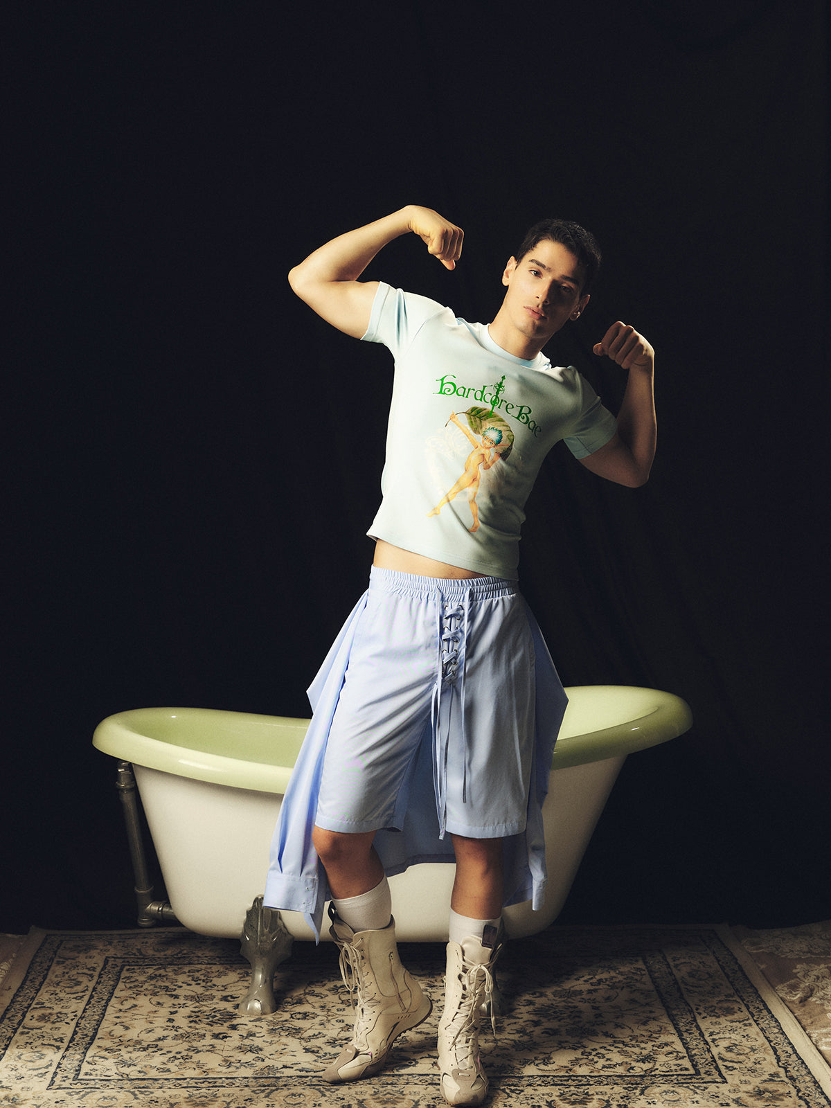 Light blue two piece shirt with strap shorts