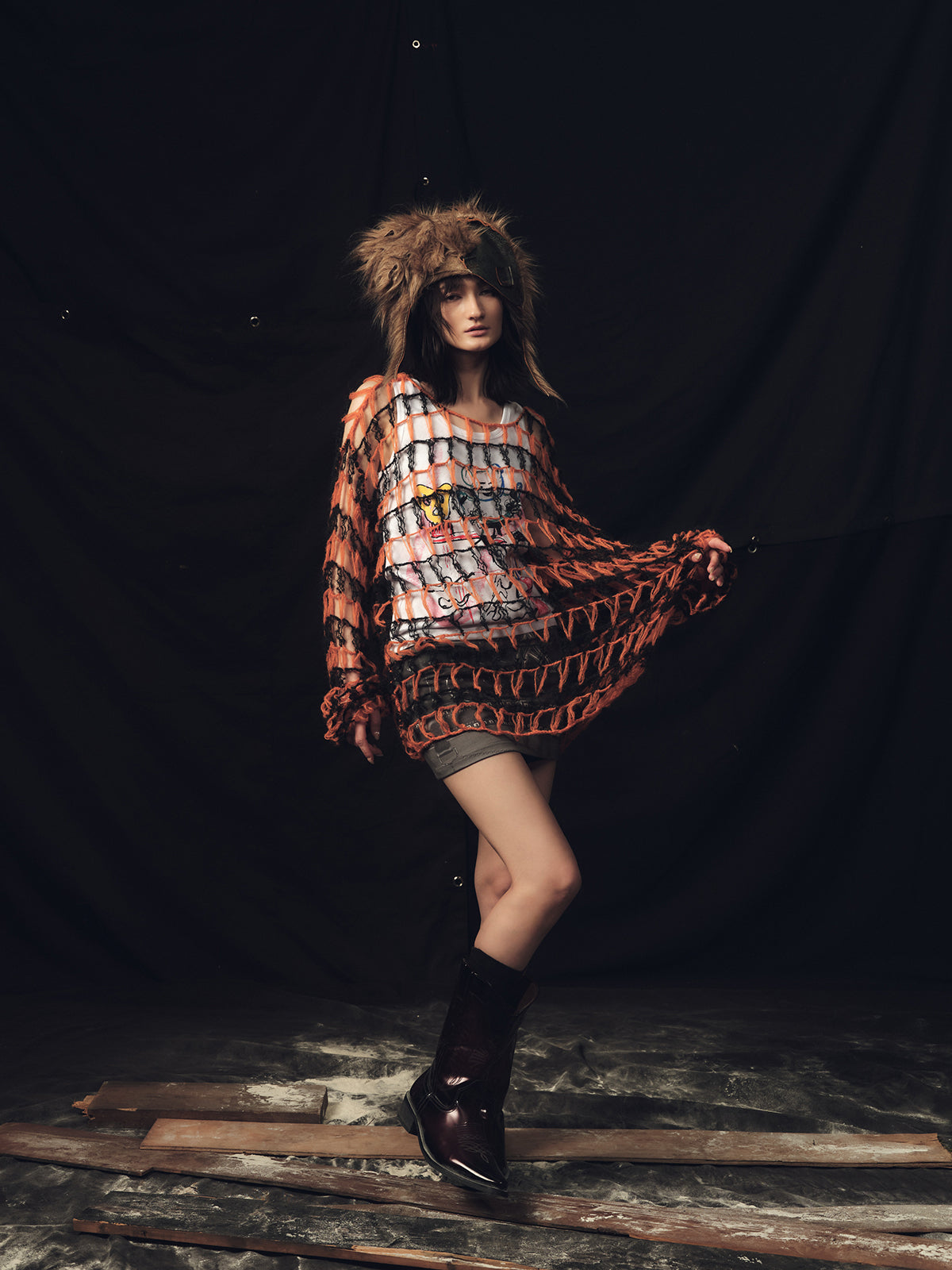 Large hollow out two tone sweater