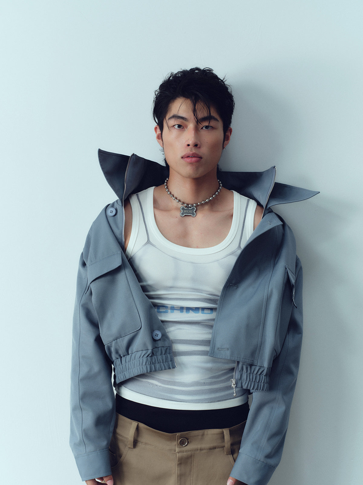 Double layered stand collar workwear short jacket