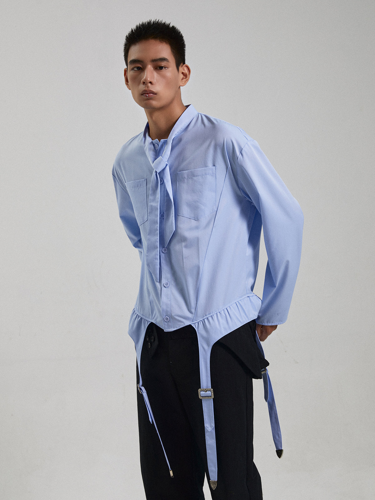 Blue suspender socks design bow tie shirt