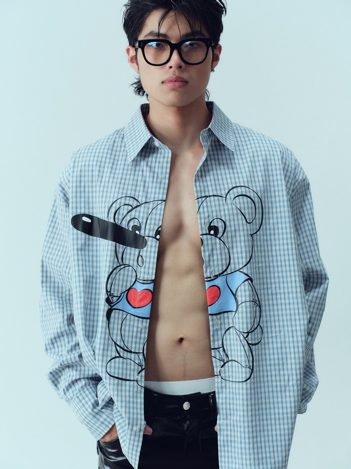 Pinocchio Bear Printed Checkered Shirt