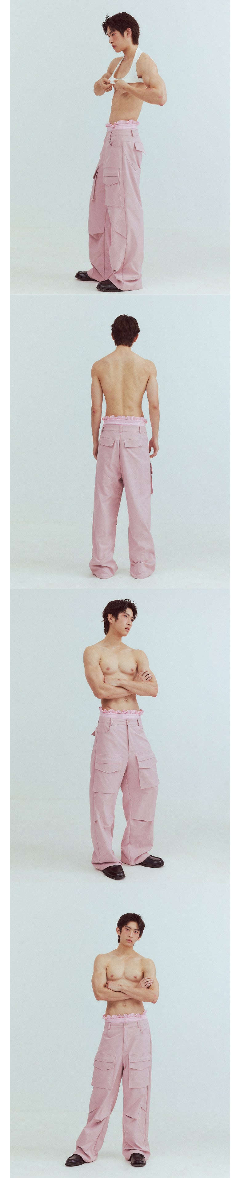 Ruffle-edged double-layered linen pants