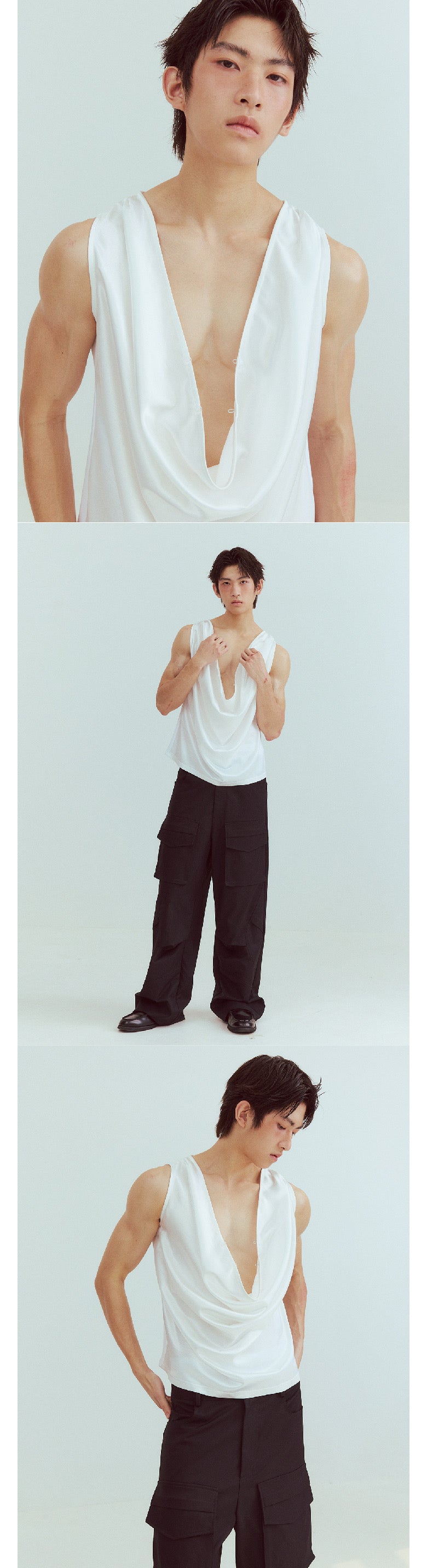 Loose-fitting deep V-neck sleeveless shirt