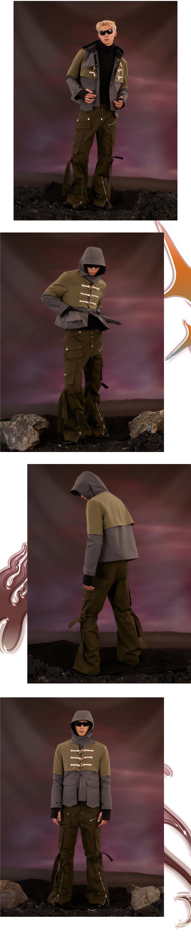 Military green zip pants with zip ties