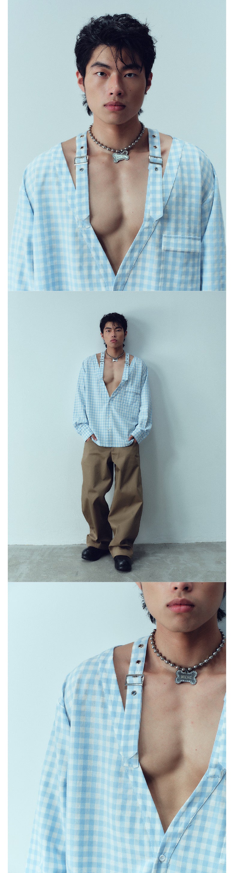 Checkered deep V-neck shirt