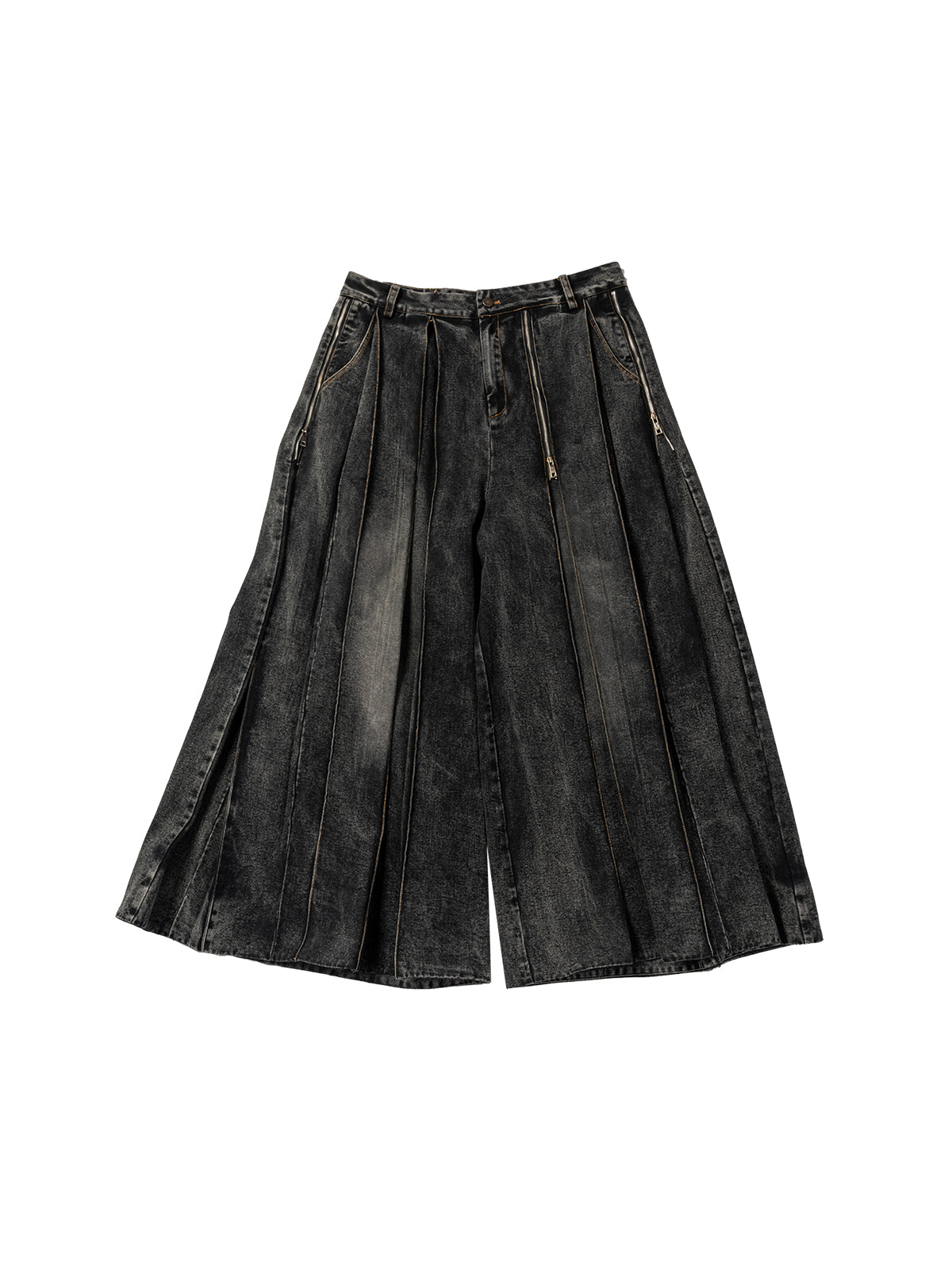 Multi zipper washed wide leg pants