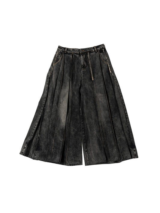 Multi zipper washed wide leg pants