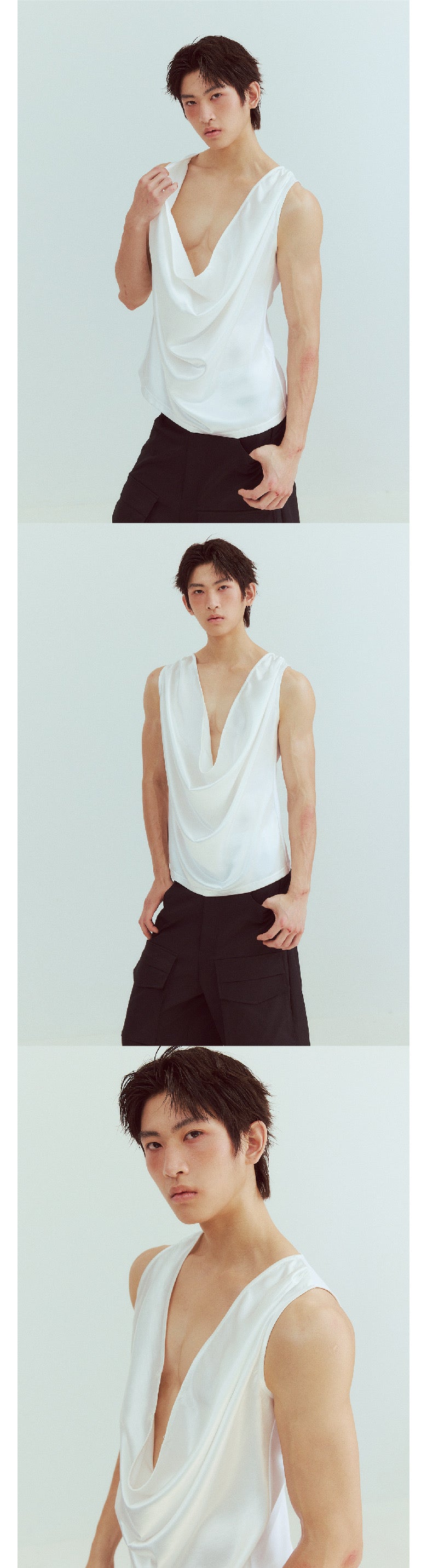 Loose-fitting deep V-neck sleeveless shirt