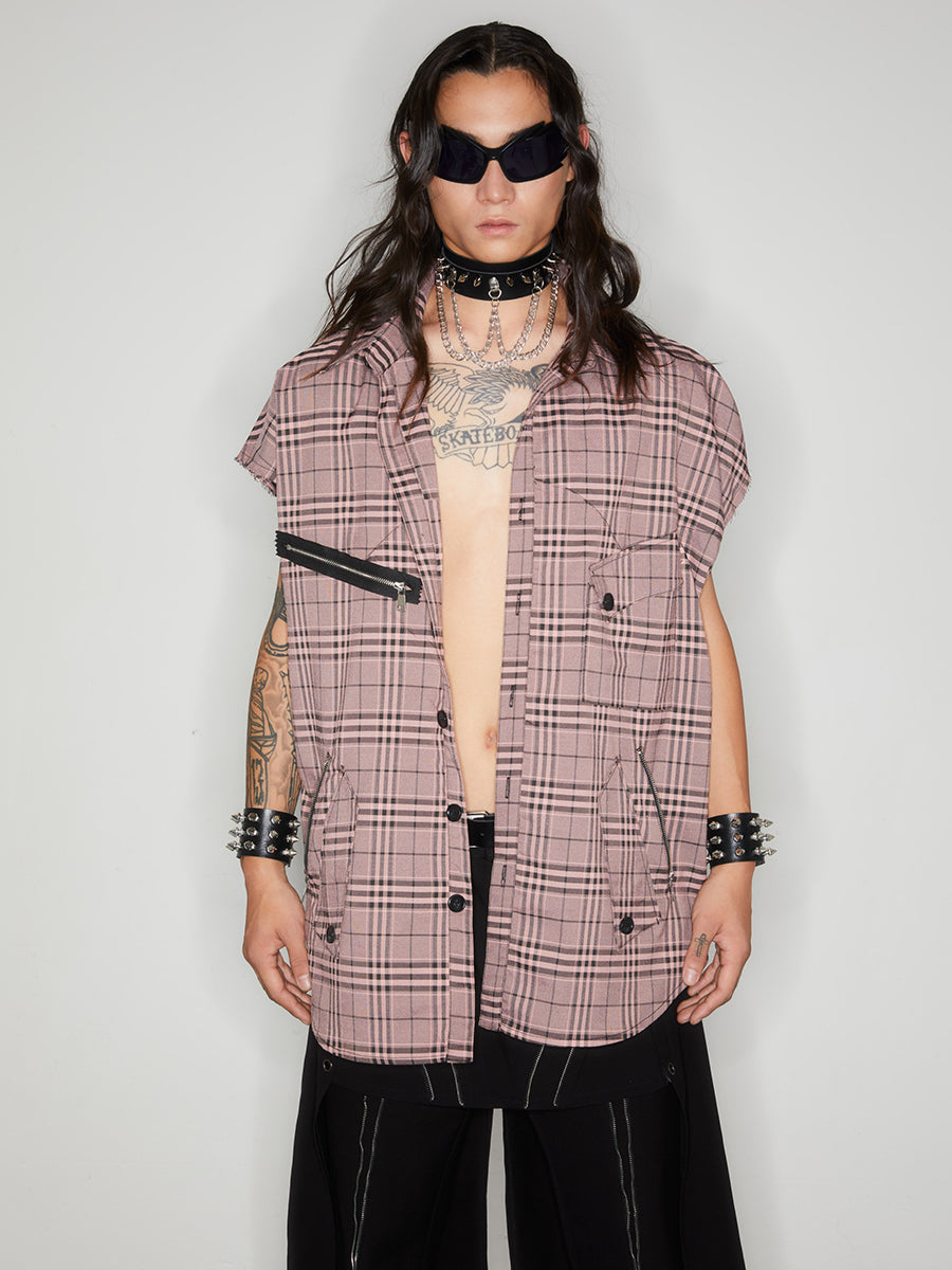 Checkered sleeveless zippered shirt