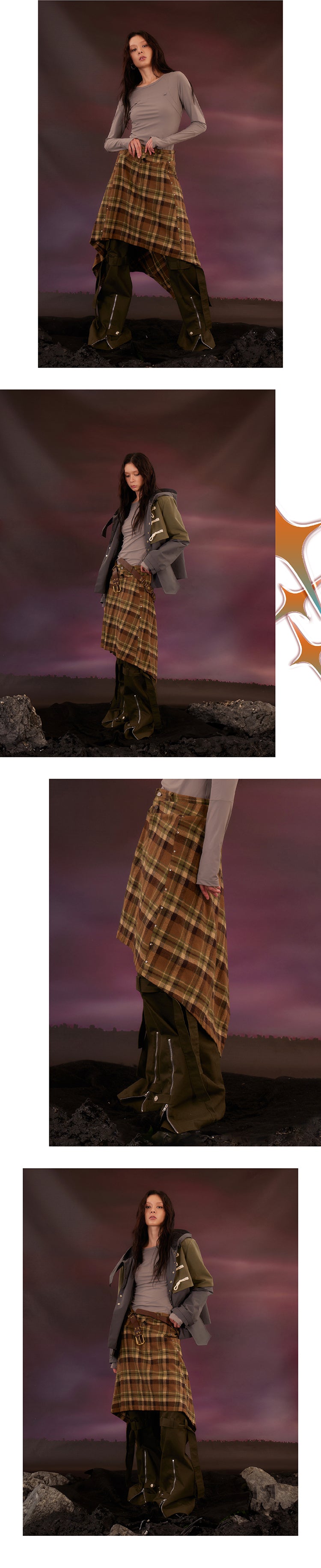 Military green zip pants with zip ties