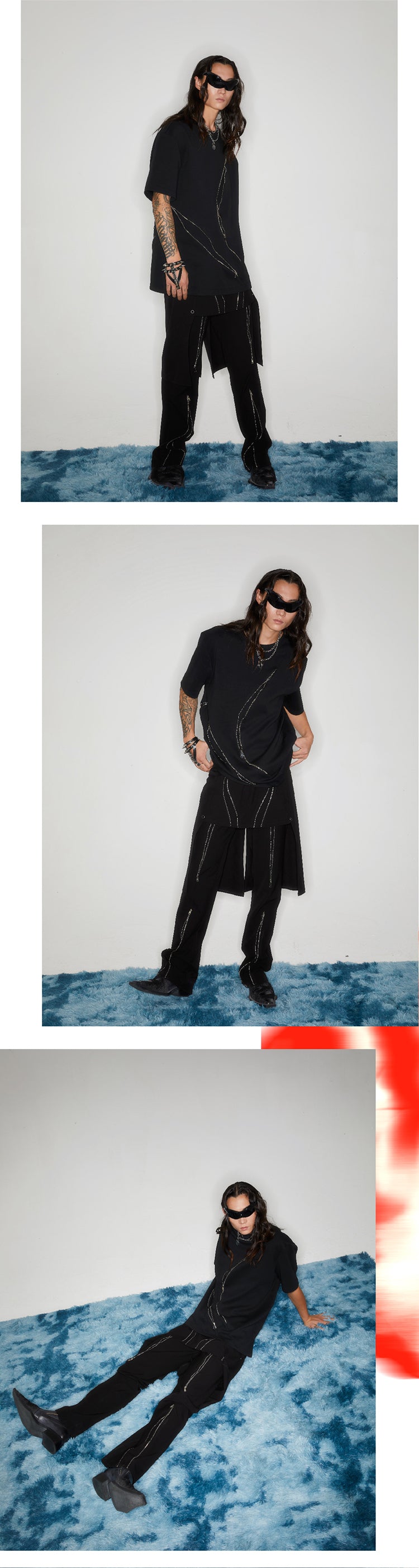 Black curved zipper short sleeved T-shirt