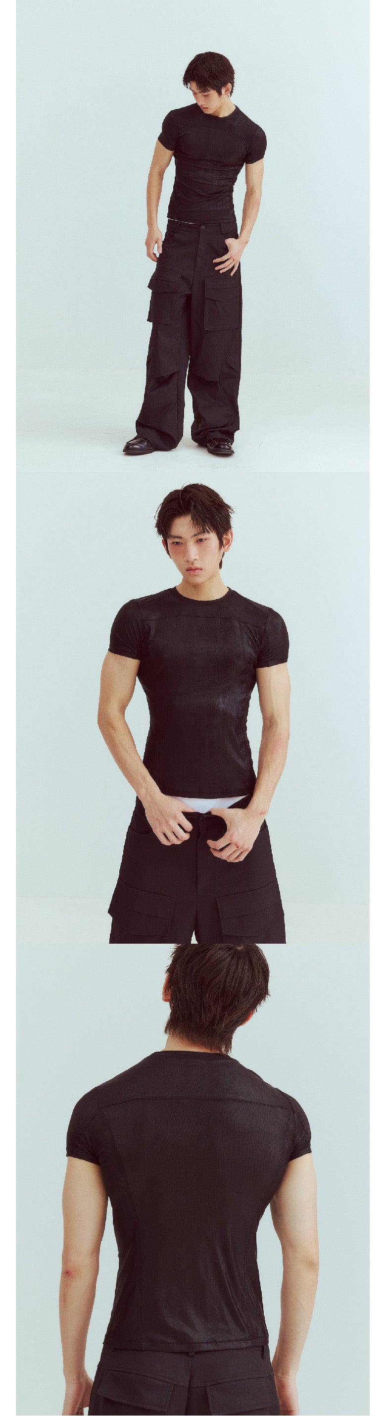 Reflective glossy tight-fitting split T-shirt